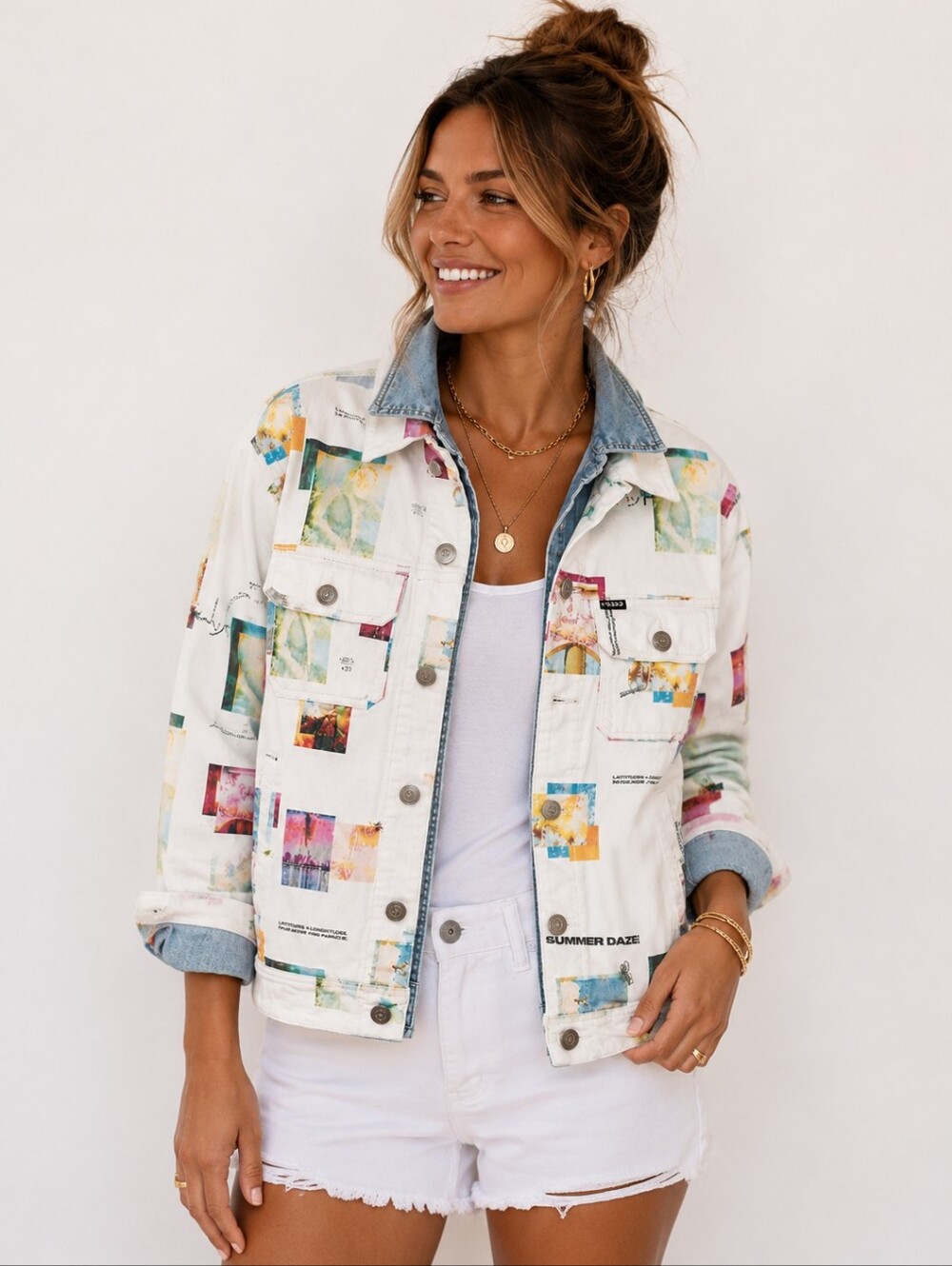 GUESS VINTAGE  White Multicolor 'Summer Daze'  Jacket